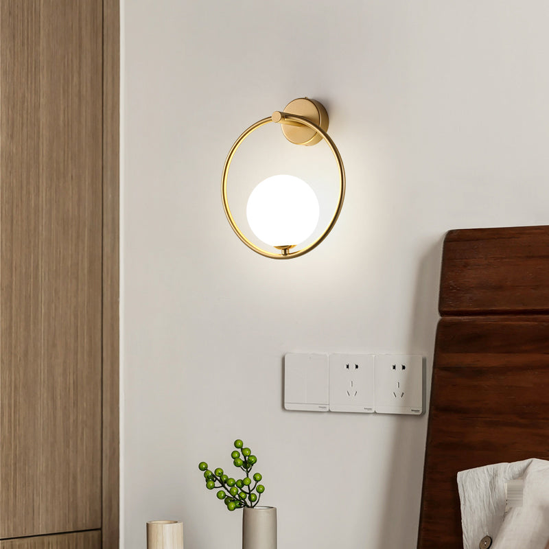 Modern Metal Wall Sconce Ball Shape Wall Light with Glass Shade for Bedroom in White
