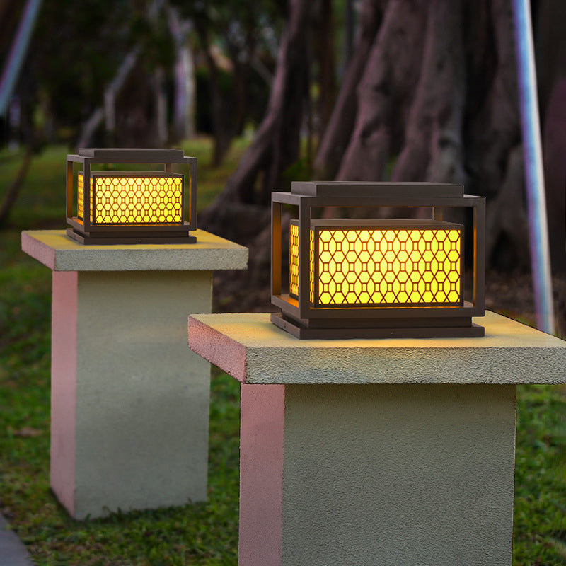 Square Shape Metal Solar Pillar Lamp Modern Style 1 Light Outdoor Light in Yellow