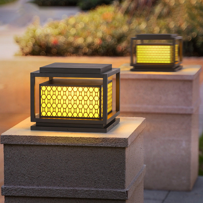 Square Shape Metal Solar Pillar Lamp Modern Style 1 Light Outdoor Light in Yellow