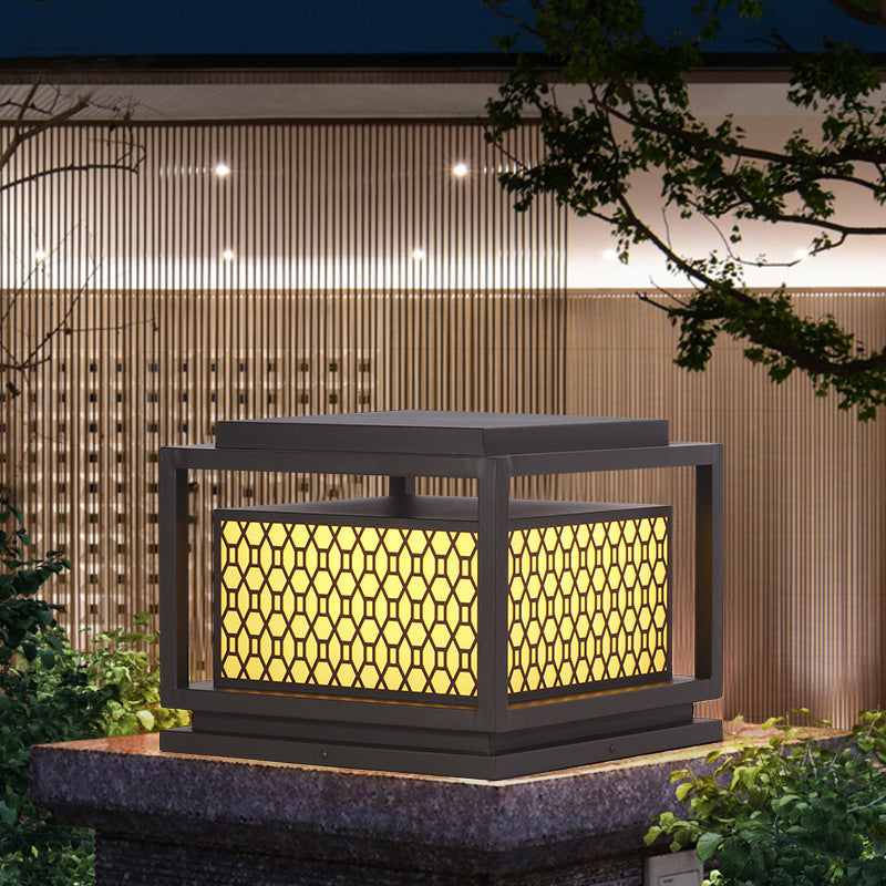 Square Shape Metal Solar Pillar Lamp Modern Style 1 Light Outdoor Light in Yellow