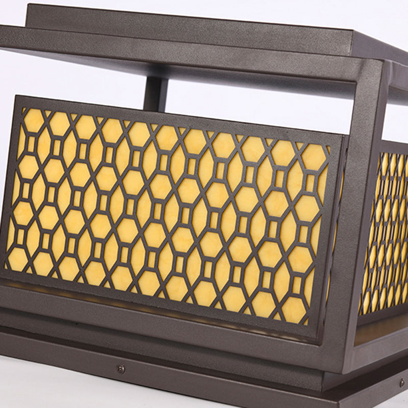 Square Shape Metal Solar Pillar Lamp Modern Style 1 Light Outdoor Light in Yellow