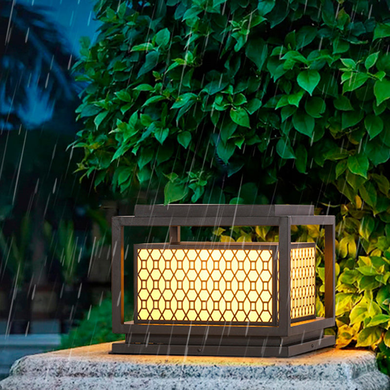 Square Shape Metal Solar Pillar Lamp Modern Style 1 Light Outdoor Light in Yellow
