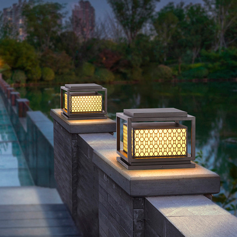 Square Shape Metal Solar Pillar Lamp Modern Style 1 Light Outdoor Light in Yellow