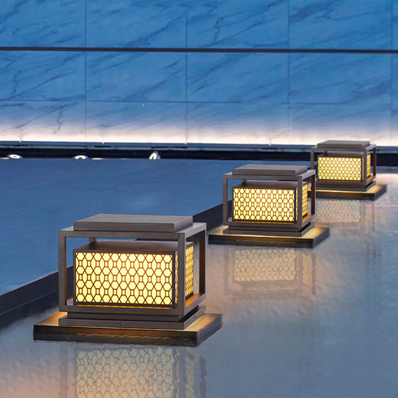 Square Shape Metal Solar Pillar Lamp Modern Style 1 Light Outdoor Light in Yellow