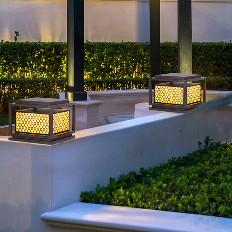 Square Shape Metal Solar Pillar Lamp Modern Style 1 Light Outdoor Light in Yellow