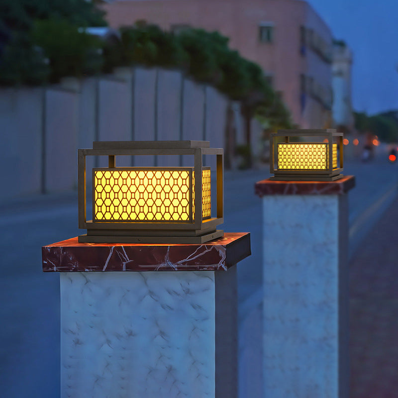 Square Shape Metal Solar Pillar Lamp Modern Style 1 Light Outdoor Light in Yellow