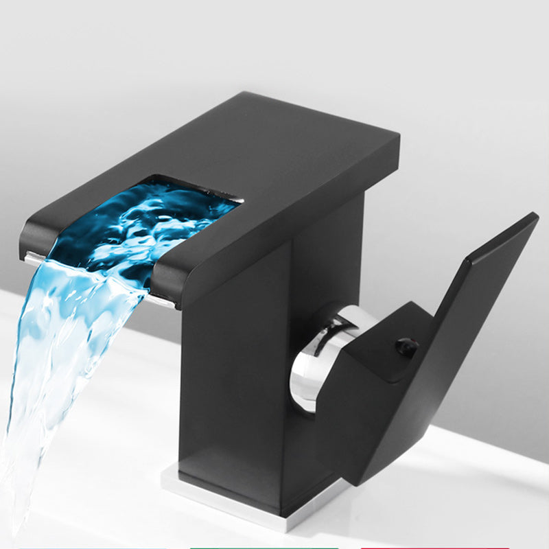 Contemporary Square Vessel Faucet Waterfall Spout with LED Three-Color Light