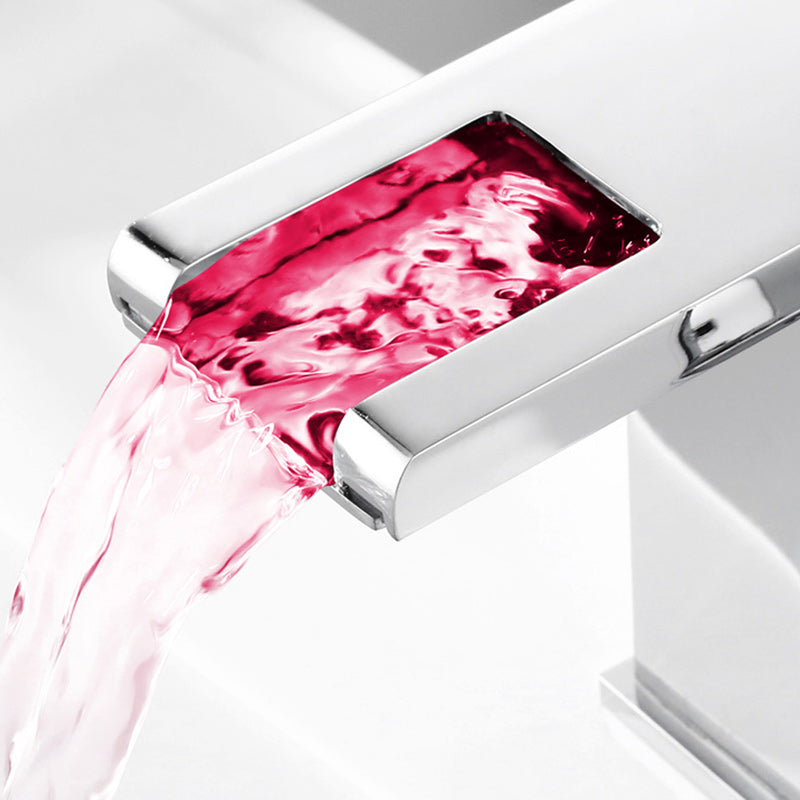 Contemporary Square Vessel Faucet Waterfall Spout with LED Three-Color Light