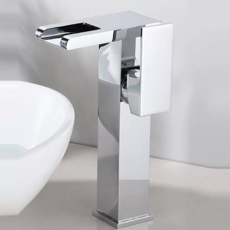 Contemporary Square Vessel Faucet Waterfall Spout with LED Three-Color Light
