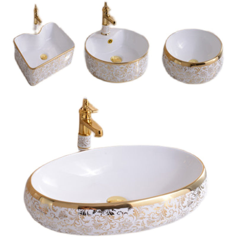 Traditional Vessel Bathroom Sink Oval Porcelain with Overflow Vessel