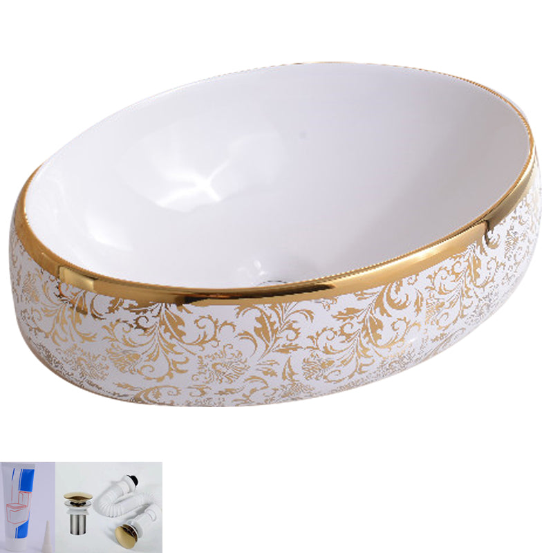 Traditional Vessel Bathroom Sink Oval Porcelain with Overflow Vessel