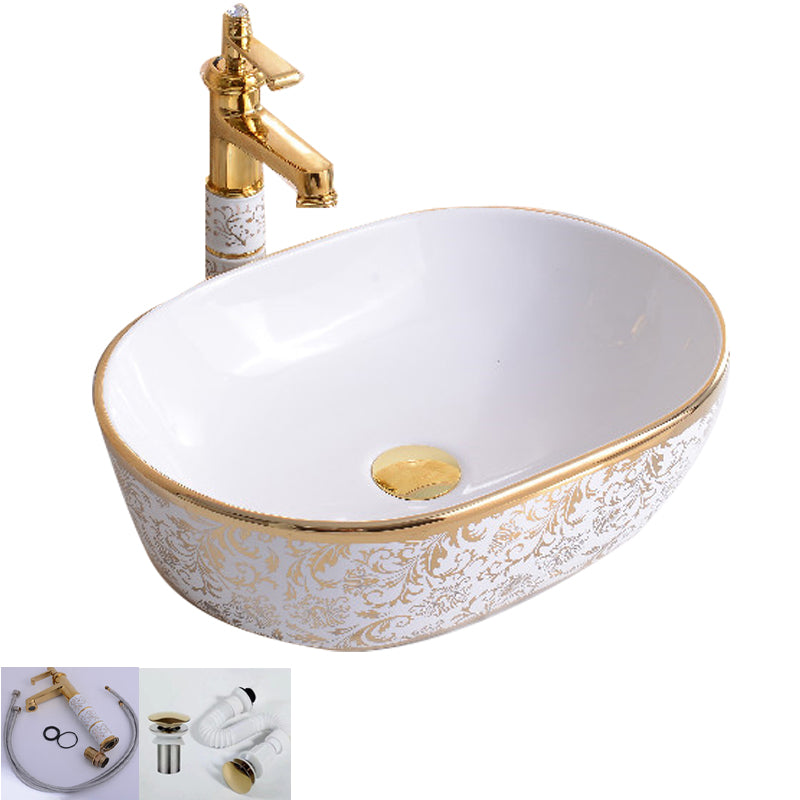 Traditional Vessel Bathroom Sink Oval Porcelain with Overflow Vessel