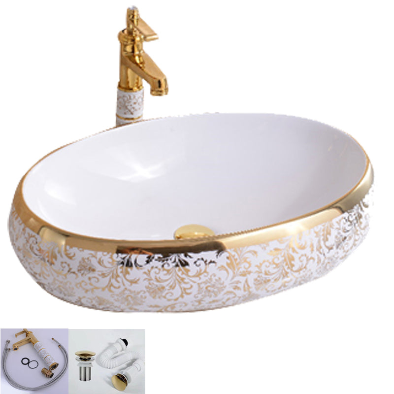 Traditional Vessel Bathroom Sink Oval Porcelain with Overflow Vessel