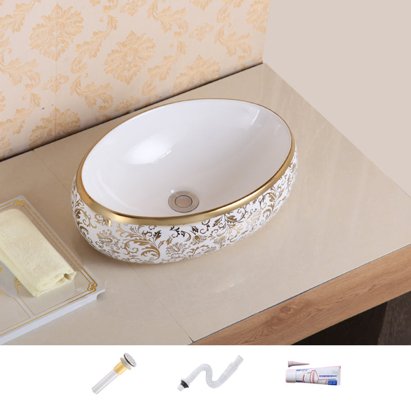 Traditional Vessel Sink Oval Porcelain with Pop-Up Drain Vessel Lavatory Sink
