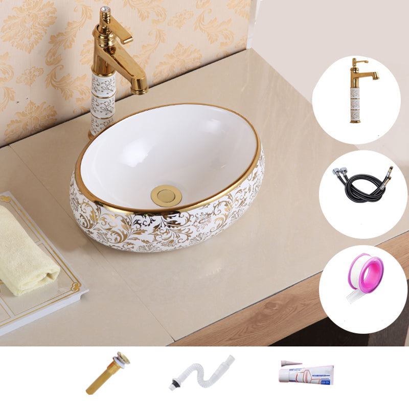 Traditional Vessel Sink Oval Porcelain with Pop-Up Drain Vessel Lavatory Sink
