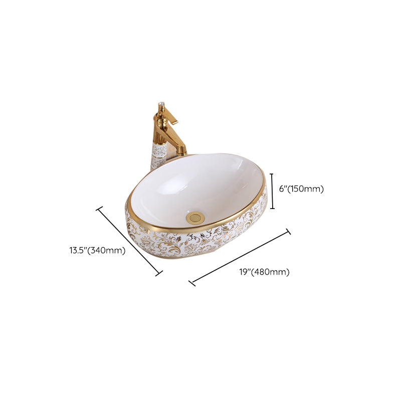 Traditional Vessel Sink Oval Porcelain with Pop-Up Drain Vessel Lavatory Sink