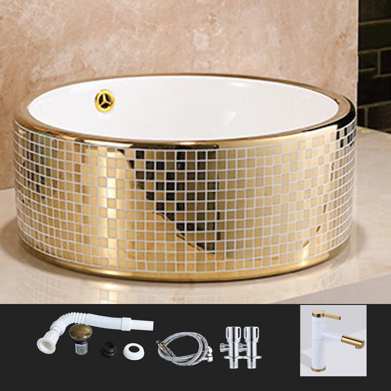 Traditional Bathroom Sink Porcelain Round Vessel Lavatory Sink with Pop-Up Drain
