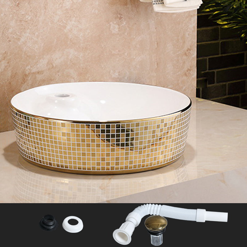 Traditional Bathroom Sink Porcelain Round Vessel Lavatory Sink with Pop-Up Drain