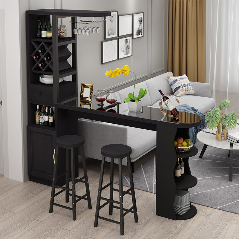 Modern Glass Bar Table Wood Base with Wine Cabinet for Living Room