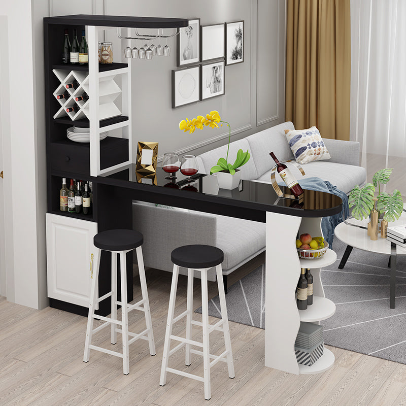 Modern Glass Bar Table Wood Base with Wine Cabinet for Living Room