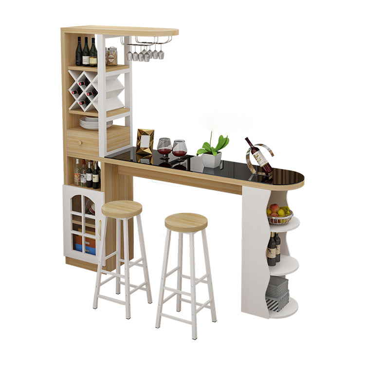 Modern Glass Bar Table Wood Base with Wine Cabinet for Living Room