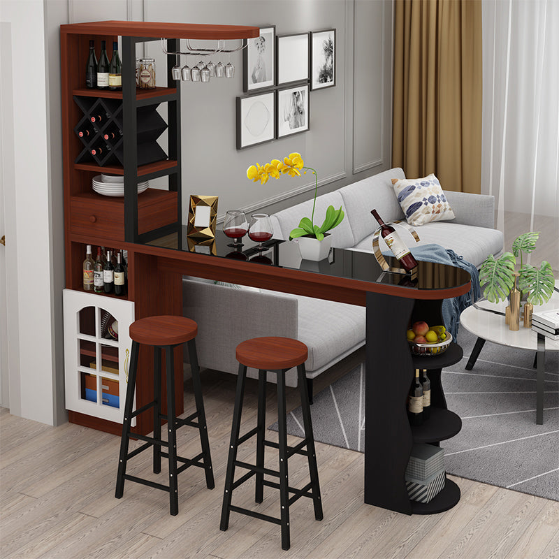 Modern Glass Bar Table Wood Base with Wine Cabinet for Living Room