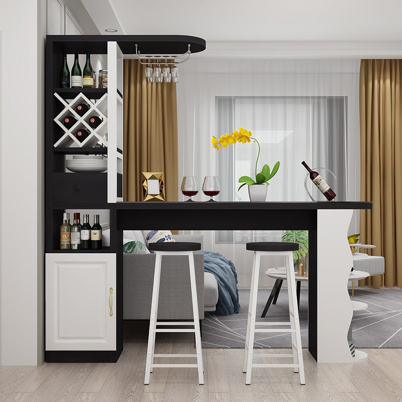 Modern Glass Bar Table Wood Base with Wine Cabinet for Living Room