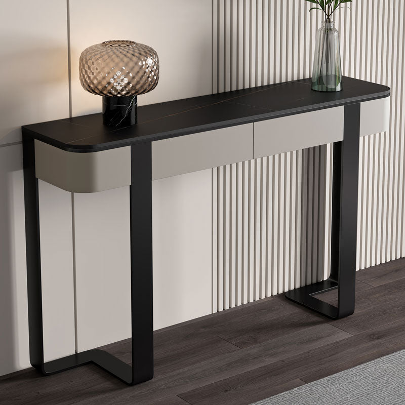 Modern Half Moon Console Table Stone Console Sofa Table in Gold/Grey/Black