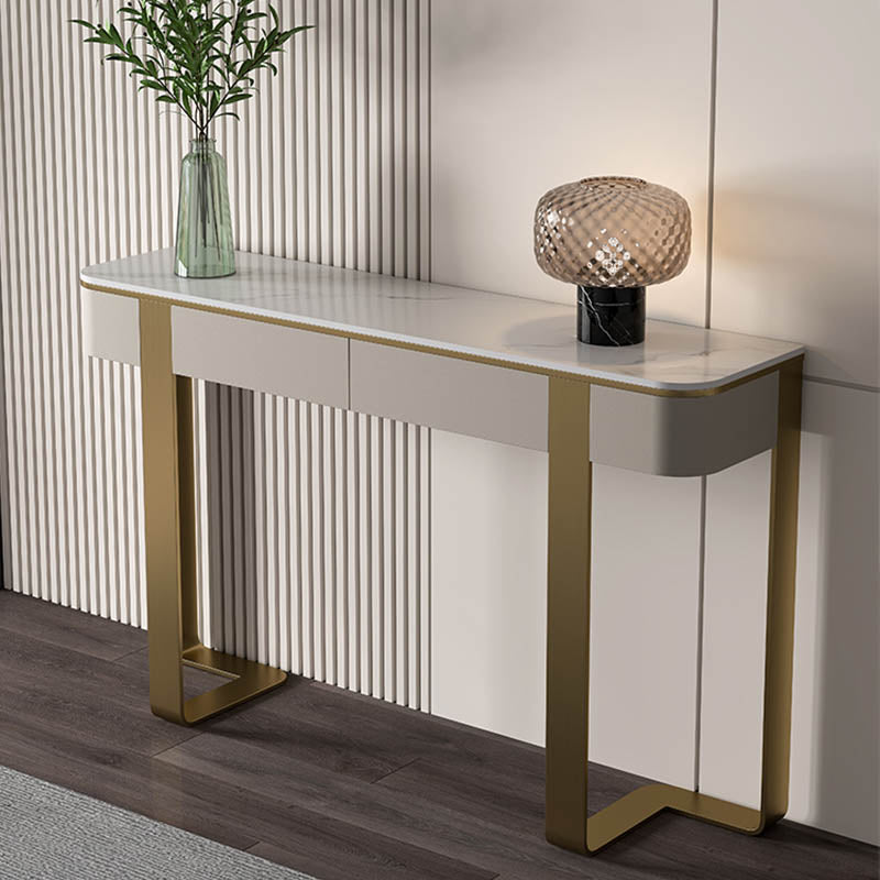 Modern Half Moon Console Table Stone Console Sofa Table in Gold/Grey/Black