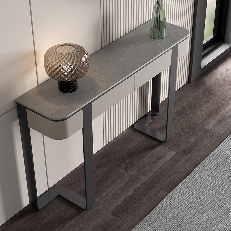 Modern Half Moon Console Table Stone Console Sofa Table in Gold/Grey/Black
