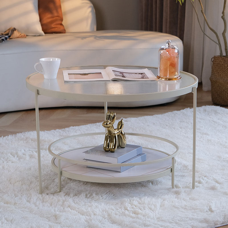 Modern Glass Top Coffee Table Round Metal Frame Cocktail Table