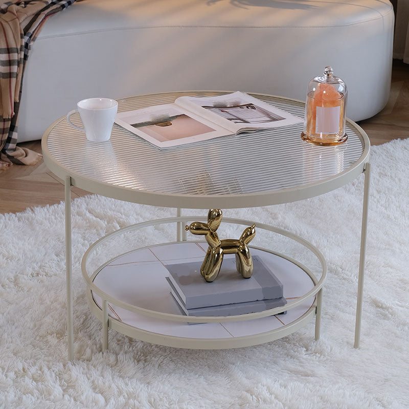 Modern Glass Top Coffee Table Round Metal Frame Cocktail Table