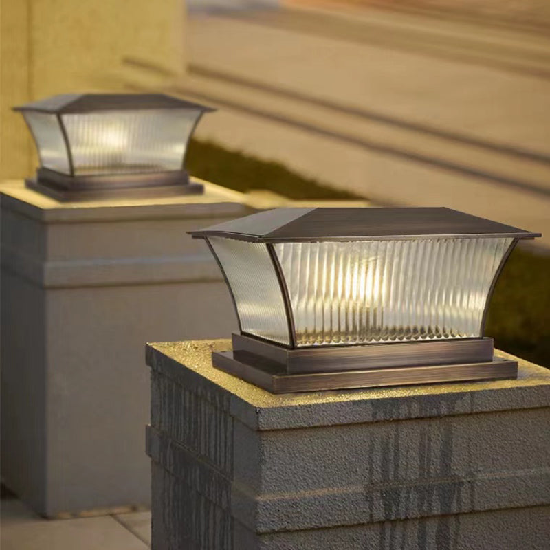 Rectangular Shape Metal Outdoor Lights Modern Style 1 Light Solar Pillar Lamp in Bronze
