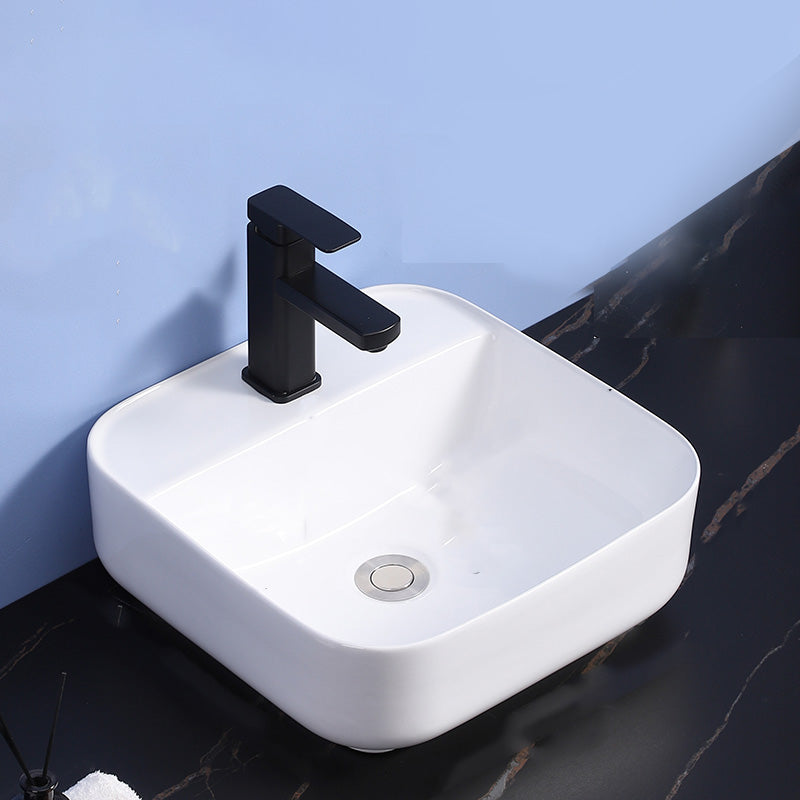 Modern Bathroom Sink Ceramic Rectangular White with Single Faucet Hole Vessel Sink
