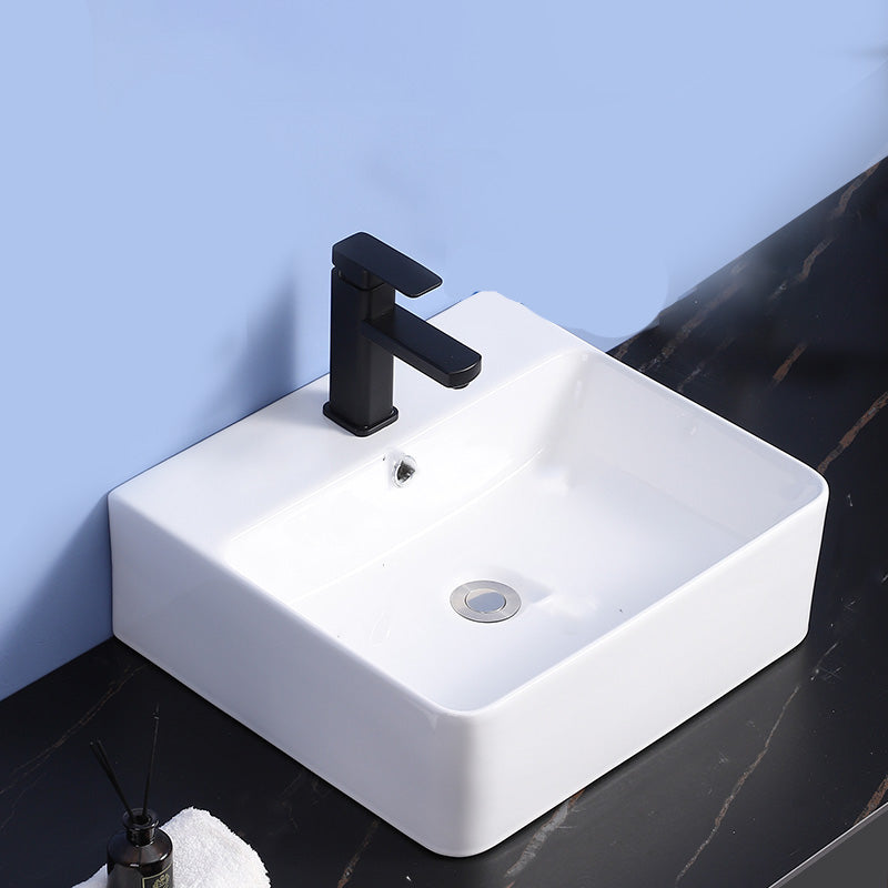 Modern Bathroom Sink Ceramic Rectangular White with Single Faucet Hole Vessel Sink