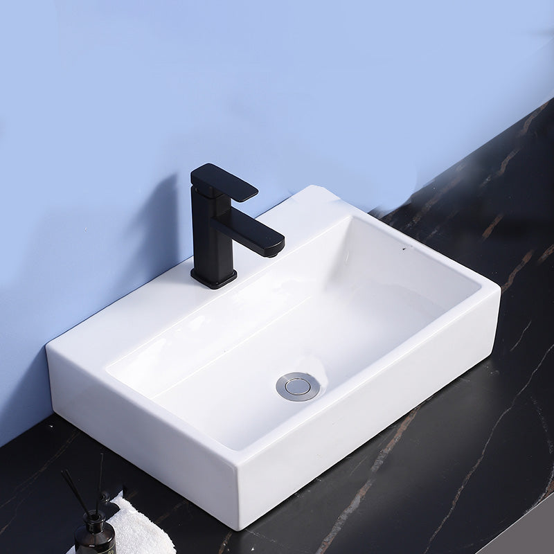 Modern Bathroom Sink Ceramic Rectangular White with Single Faucet Hole Vessel Sink