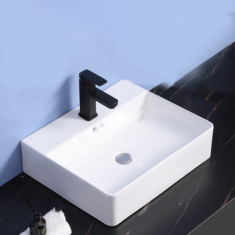 Modern Bathroom Sink Ceramic Rectangular White with Single Faucet Hole Vessel Sink