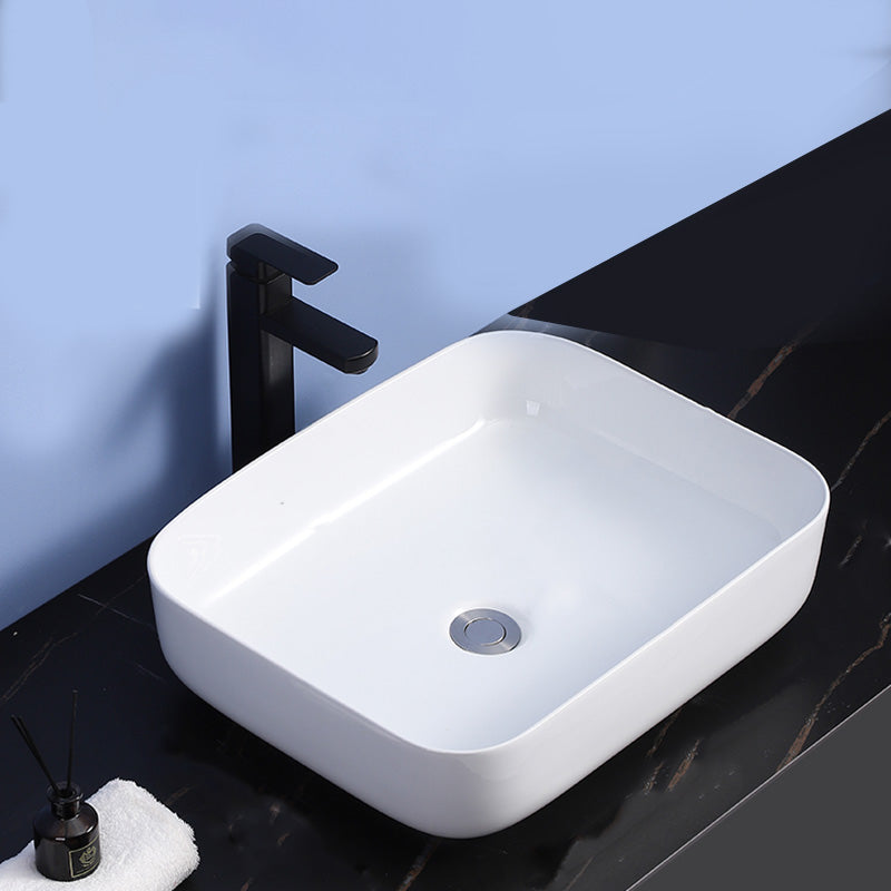 Modern Bathroom Sink Ceramic Rectangular White with Single Faucet Hole Vessel Sink
