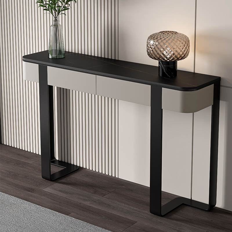 Modern Half Moon Console Table Stone Console Sofa Table in Gold/Grey