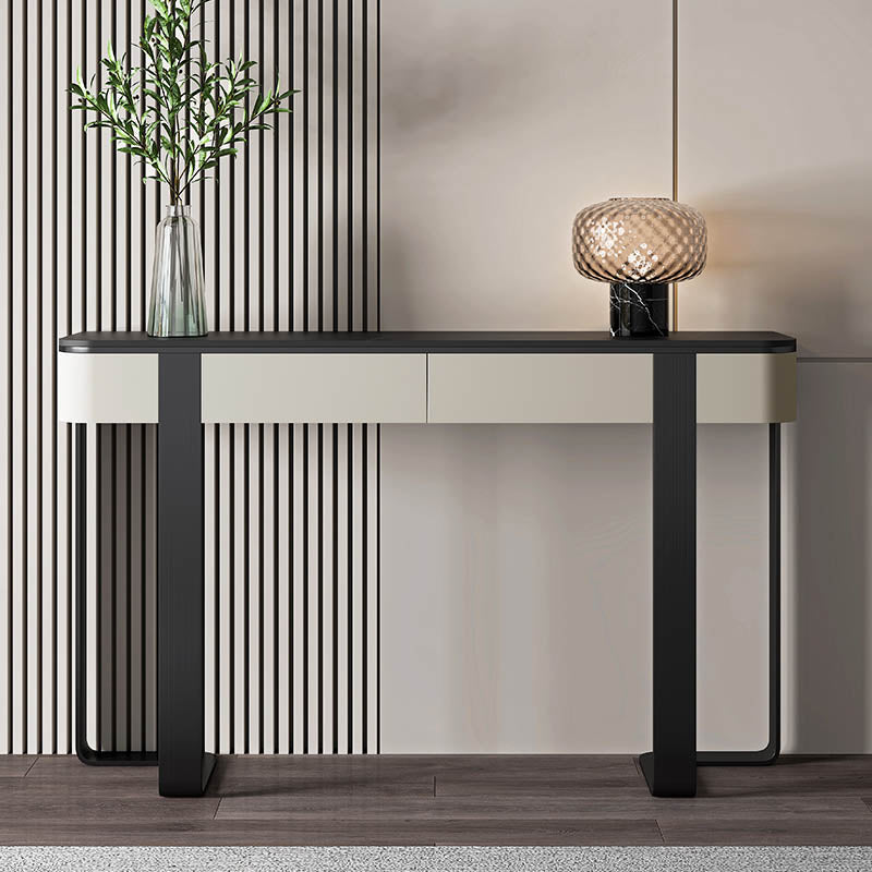 Modern Half Moon Console Table Stone Console Sofa Table in Gold/Grey