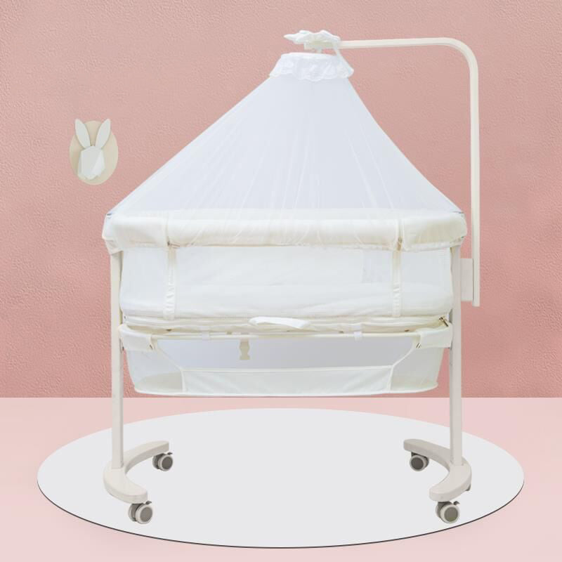 Modern Rocking Crib Cradle Metal Oval Bedside Bassinet with 4 Wheels
