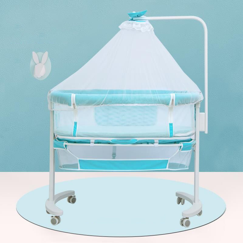Modern Rocking Crib Cradle Metal Oval Bedside Bassinet with 4 Wheels