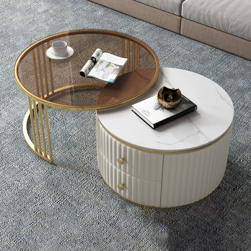 Round Coffee Table Glass Top Nesting Coffee Table Set with Golden Legs