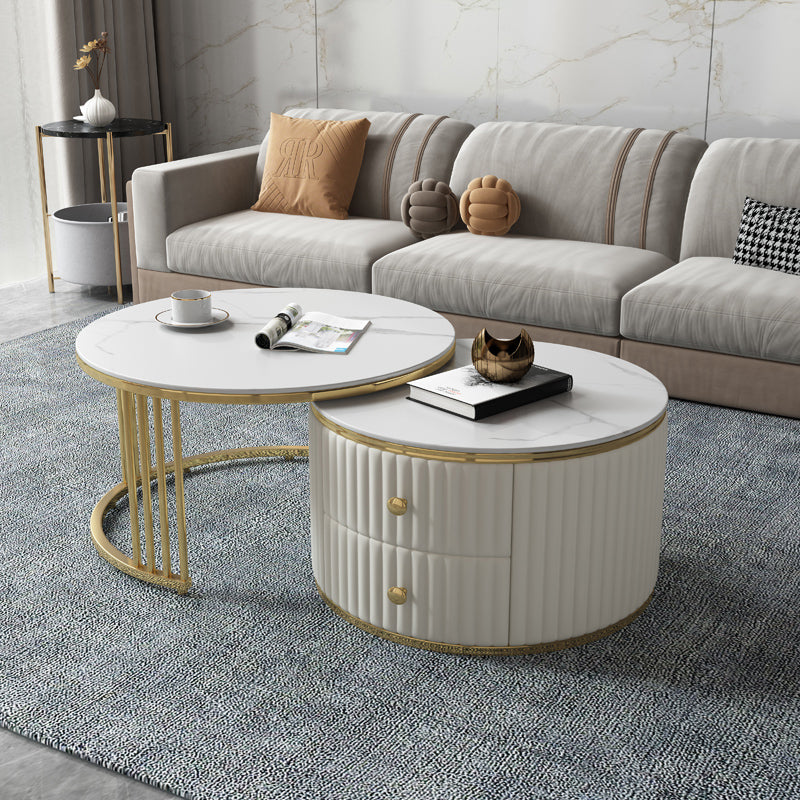 Round Coffee Table Glass Top Nesting Coffee Table Set with Golden Legs