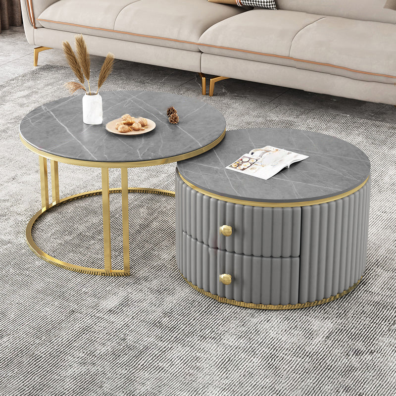 Round Coffee Table Glass Top Nesting Coffee Table Set with Golden Legs