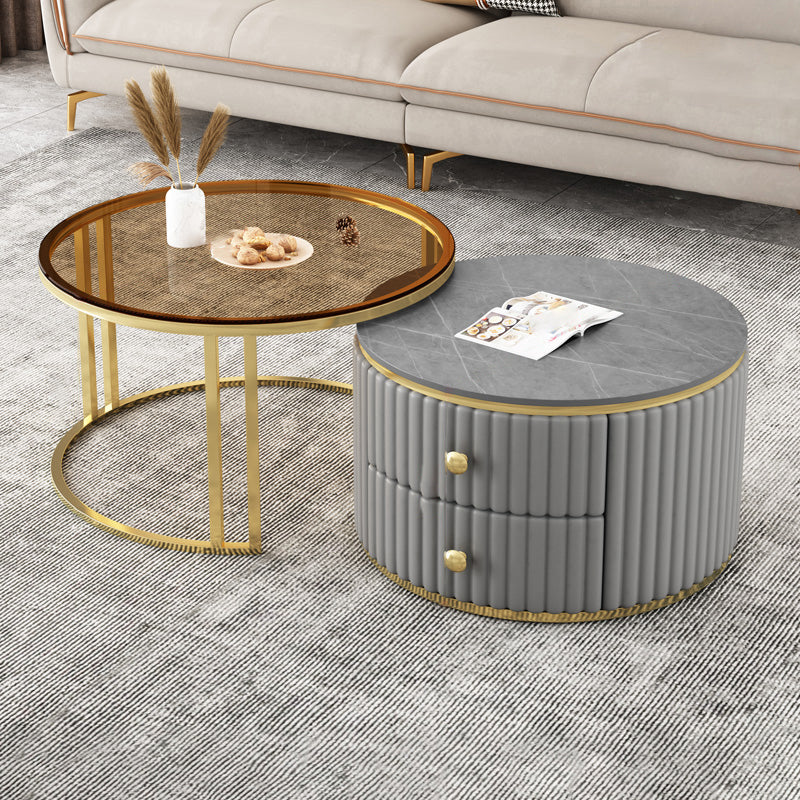 Round Coffee Table Glass Top Nesting Coffee Table Set with Golden Legs
