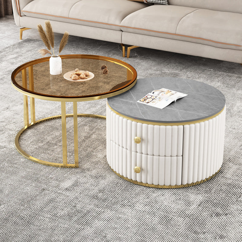 Round Coffee Table Glass Top Nesting Coffee Table Set with Golden Legs