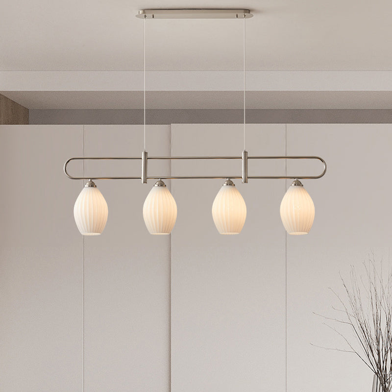 Drum Shape Glass Island Chandelier Modern Style Multi Lights Island Ceiling Light in White