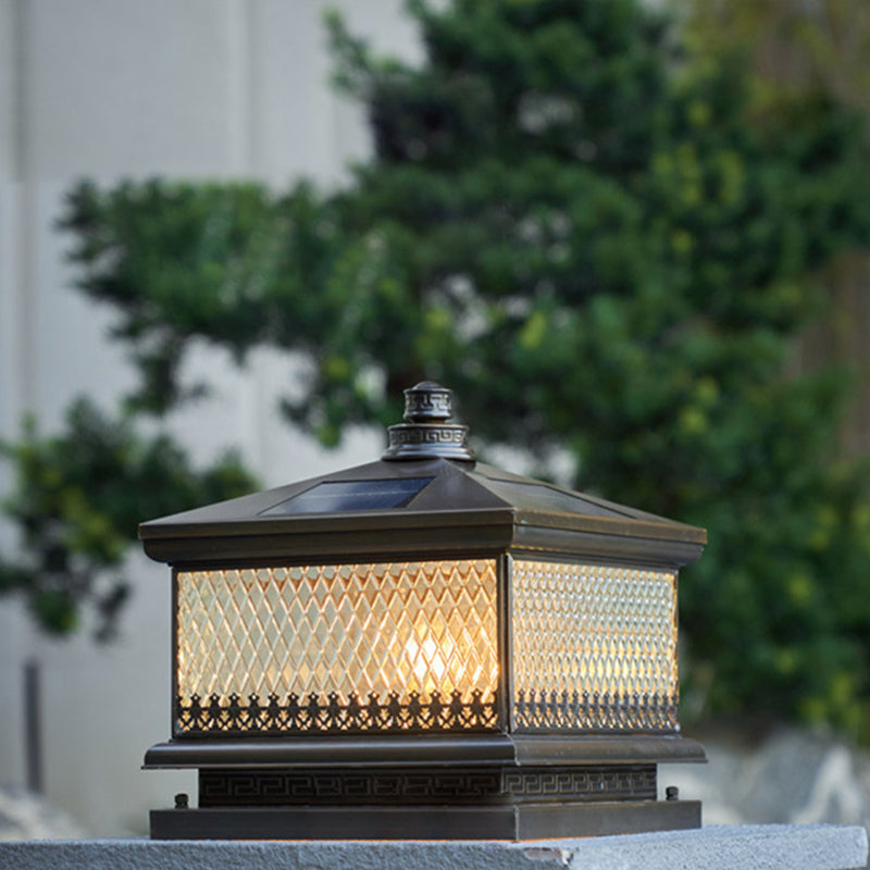 Metal Rectangular Shape Outdoor Lights Modern Style 1 Light Solar Pillar Lamp in Bronze
