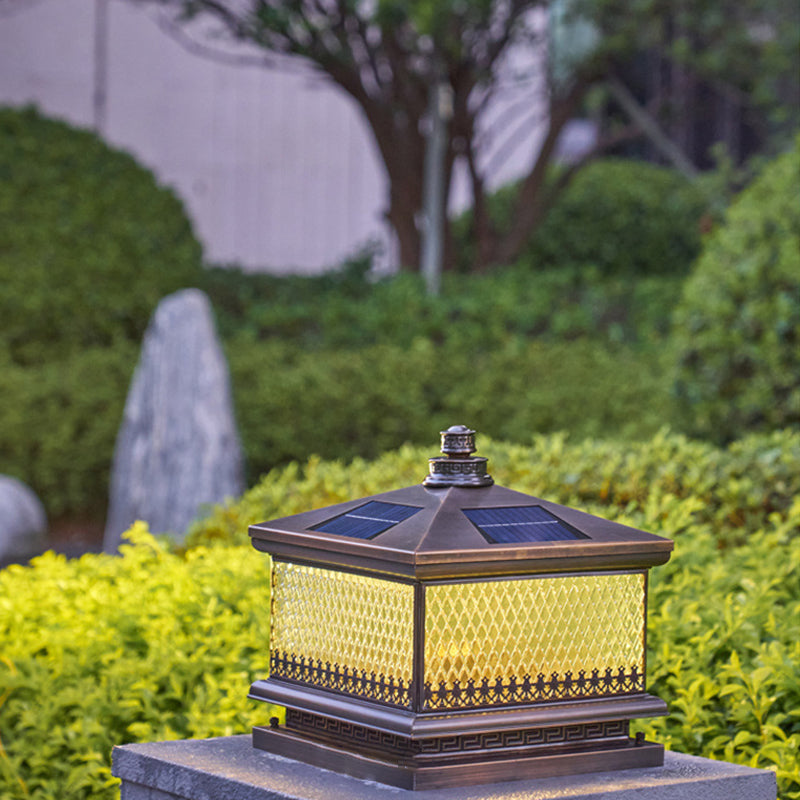 Metal Rectangular Shape Outdoor Lights Modern Style 1 Light Solar Pillar Lamp in Bronze